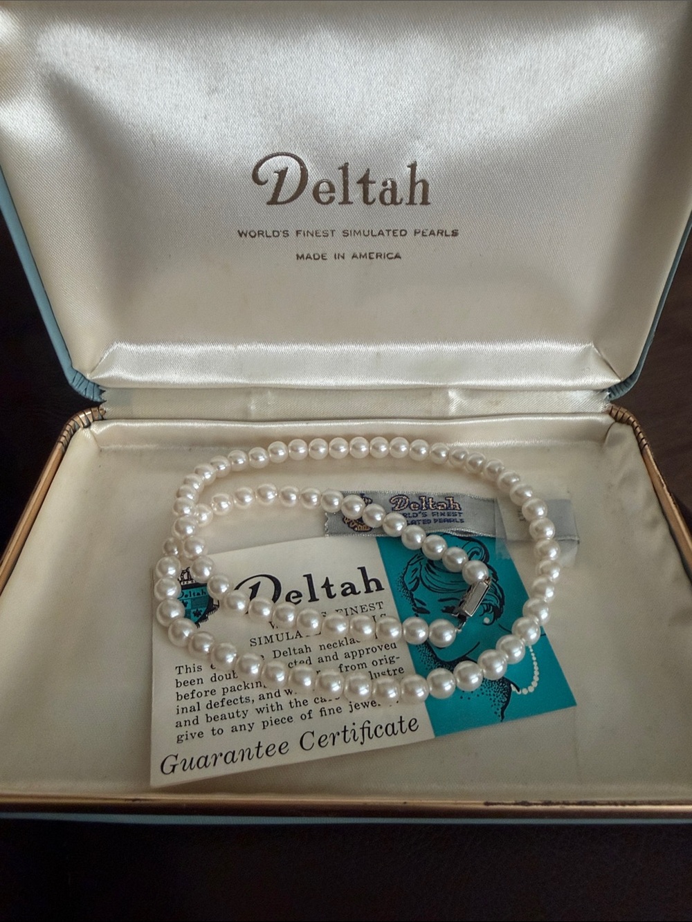 Delta Cream Simulated Pearl Necklace and original box